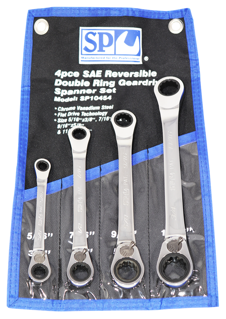 SET SPANNER DOUBLE RING REVERSIBLE GEARDRIVE 4PC SAE SP TOOLS