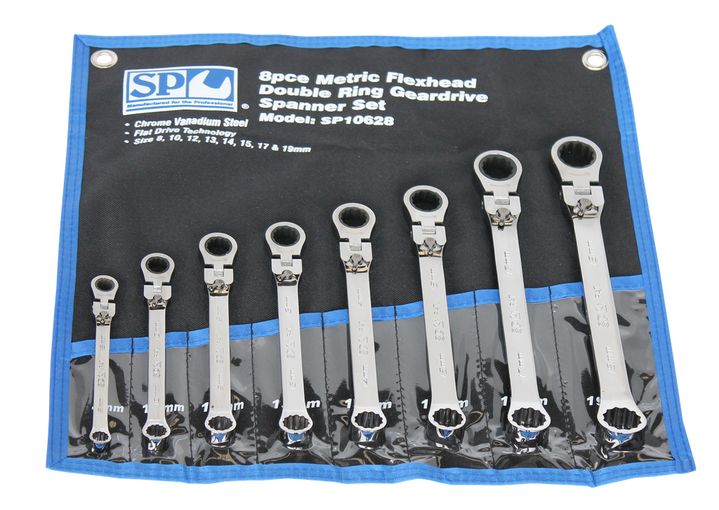 SET SPANNER DOUBLE RING GEARDRIVE LOCKING FLEX HEAD 8PC METRIC SP TOOLS