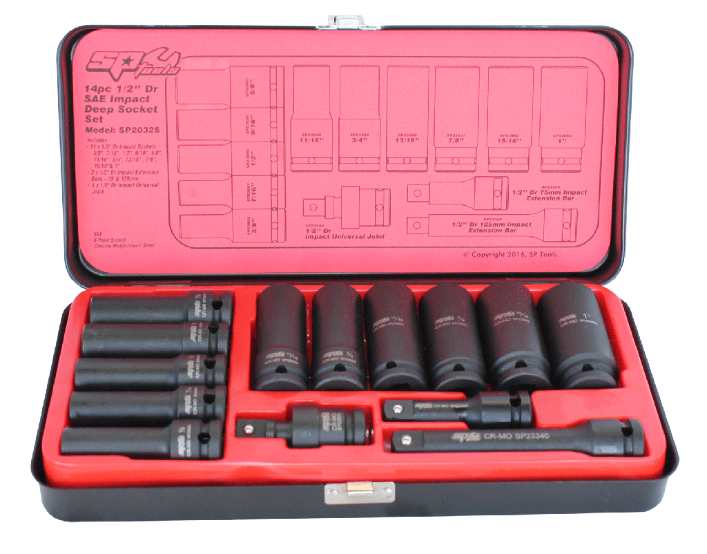 SOCKET SET IMPACT 1/2DR DEEP 6PT 14PC SAE