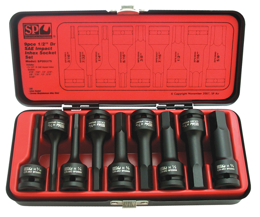 SOCKET SET IMPACT 1/2DR INHEX 9PC SAE