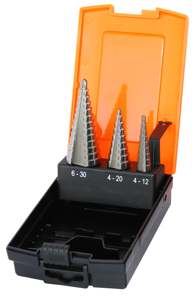 STEP DRILL SET 3PCE METRIC M2 4 TO 12MM IN 1MM INC