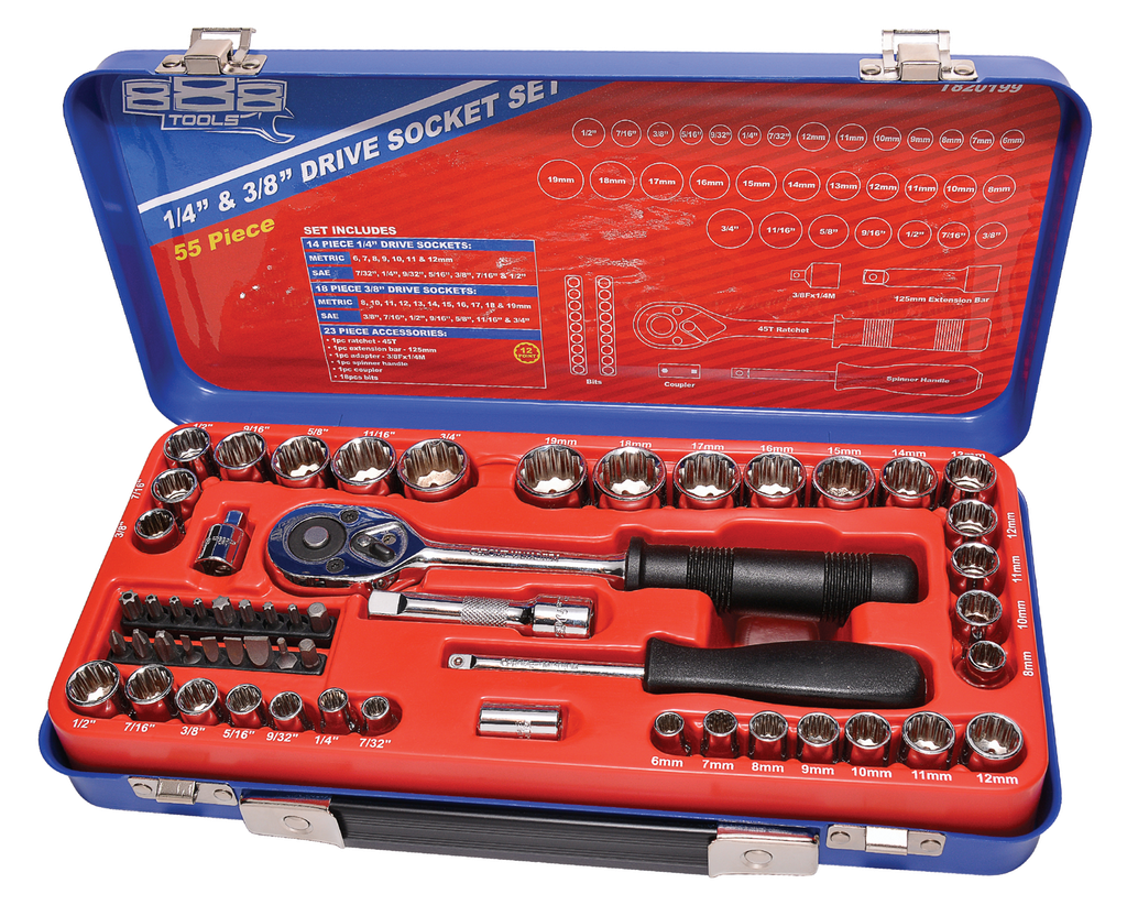 SOCKET SET 888 1/4&quot; &amp; 3/8 DR 12PT METRIC/SAE 55PC