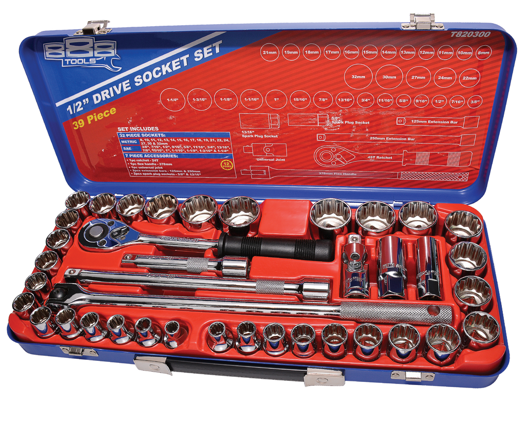 SOCKET SET 888 1/2&quot; DR 12PT METRIC/SAE 39PC