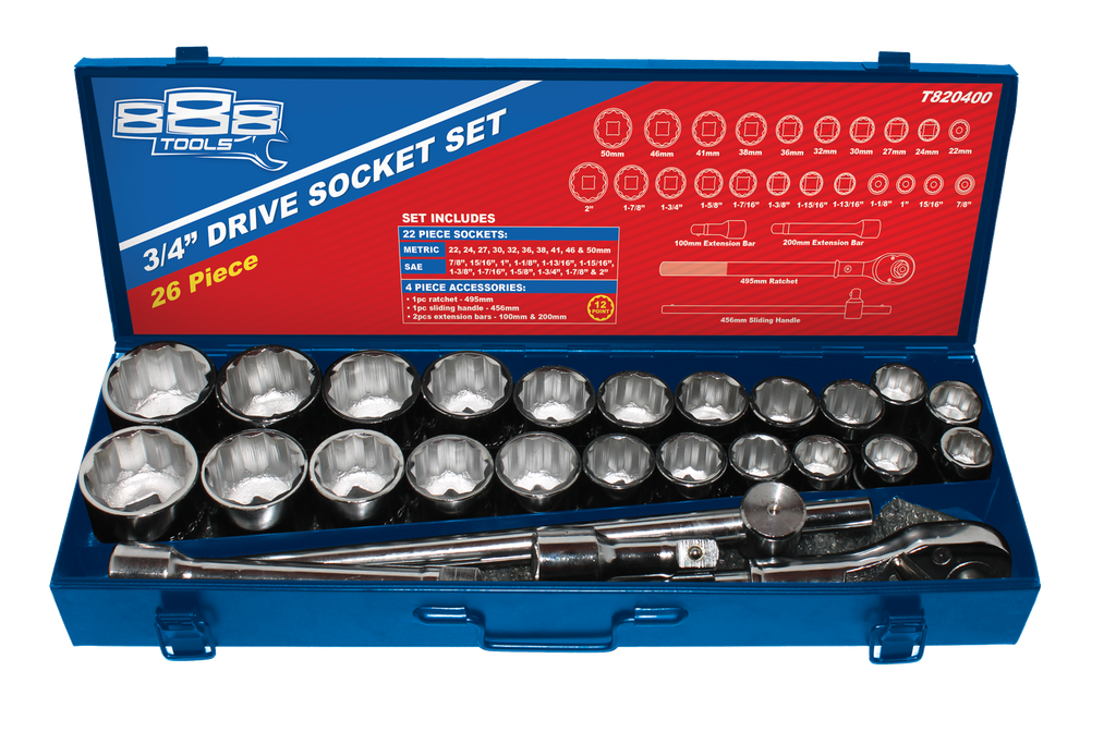 SOCKET SET 26PC 12PT 3/4 DRIVE - METAL BOX